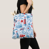Nautisch rood wit en blauw patroon tote bag (Dichtbij)