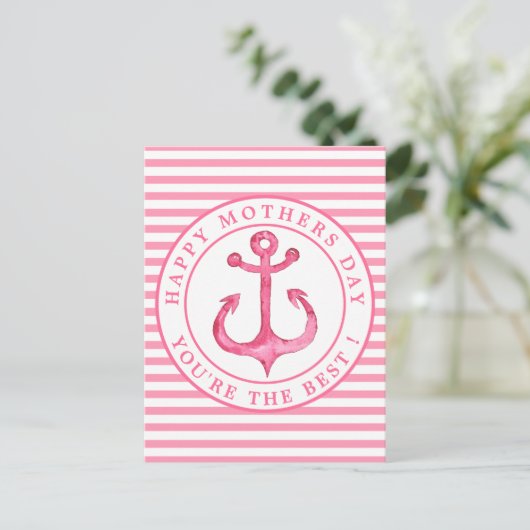 Nautisch roze anker gestreept Moederdag Briefkaart (Staand voorkant)