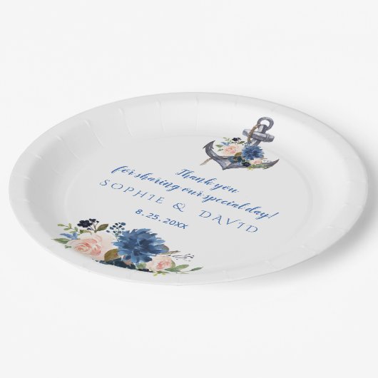 Nautisch Roze Blush Blauwe Bloem Anker Bruiloft Papieren Bordje (Gekanteld)