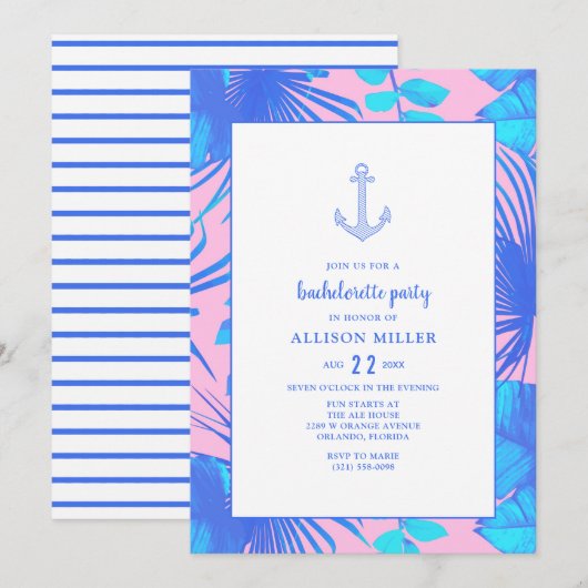 Nautisch roze en blauw vrijgezellenfeest kaart (Voorkant / Achterkant)