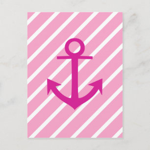 Nautisch roze en witte strepen Fuchsia Anchor Briefkaart