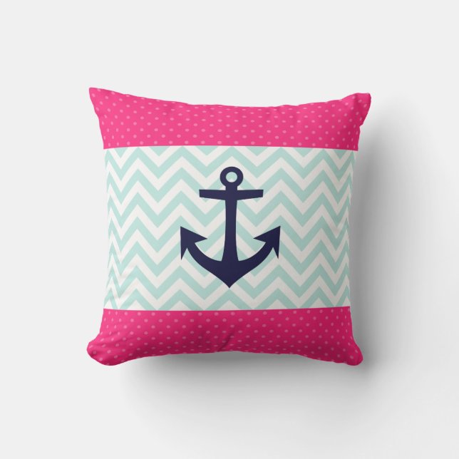 Nautisch Roze Wit Mint Chevron Anker Patroon Kussen (Voorkant)