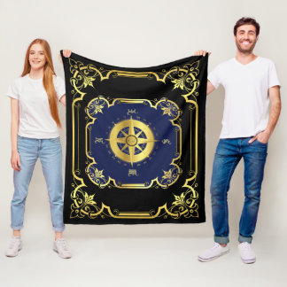 Nautisch scheepskompas verguld zwart/goud/blauw fleece deken