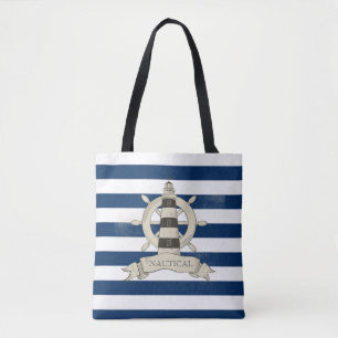 Nautisch,Scheepsstuurwiel,Blauw en Witte Strepen Draagtas