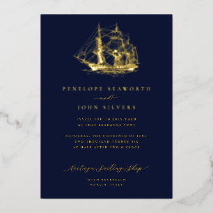Nautisch schip illustratie Navy Blue Wedding Folie Uitnodiging
