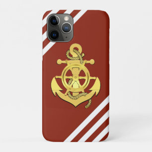 Nautisch schip wiel/anker baksteen-rode streep/gou iPhone 11 pro hoesje