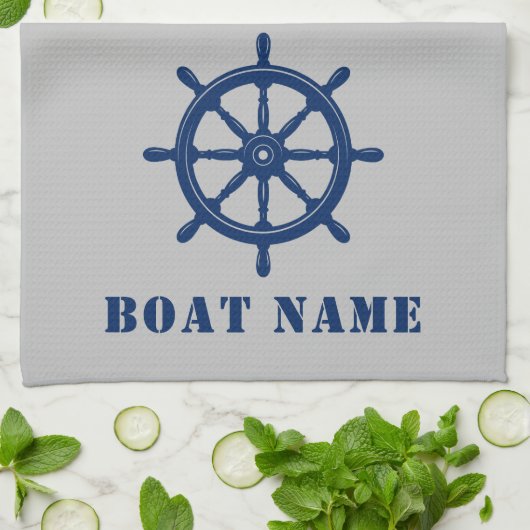 Nautisch Schip Wiel Helm Rope Uw Boot Naam Grijs Theedoek (Gevouwen)