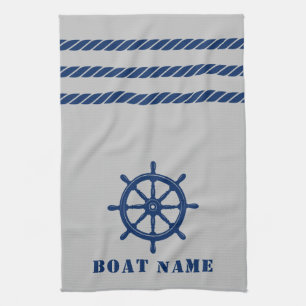 Nautisch Schip Wiel Helm Rope Uw Boot Naam Grijs Theedoek