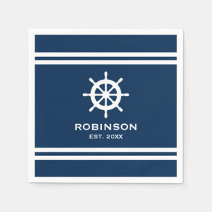 Nautisch schip wiel marine blauw en wit bruiloft servet