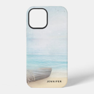 Nautisch strandtafereel met roeiboot en visnet iPhone 12 hoesje