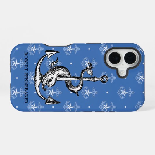 Nautisch thema anker en dolfijn iPhone 16 hoesje (Achterkant horizontaal)