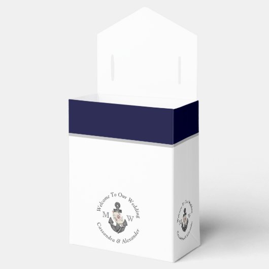 Nautisch-thema bloemanker roze marineblauw bedankdoosjes (Geopend)