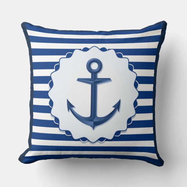 Nautisch thema Blue White Anchor Marine Stripe Kussen (Voorkant)