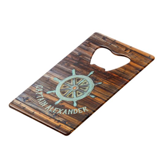 Nautisch thema Bronze Captains wiel Kredietkaart Flessenopener (Voorkant Gekanteld)
