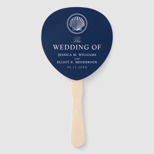 Nautisch Thema Bruiloft Seashell Custom Navy Handwaaier (Voorkant)