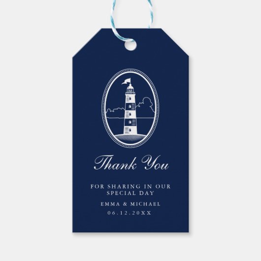 Nautisch Thema Bruiloft Vuurtoren Custom Navy Cadeaulabel (Voorkant)