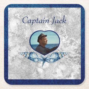 Nautisch-thema Navy Blue Photo Shells Waterverf Vierkante Kartonnen Onderzetter