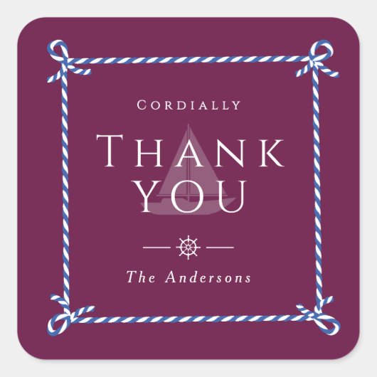 Nautisch touw Dank u Wijnrood Vierkante Sticker (Voorkant)