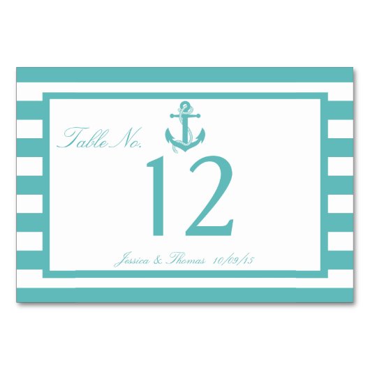 Nautisch Turquoise Stripe Anchor Wedding Number Kaart (Voorkant)