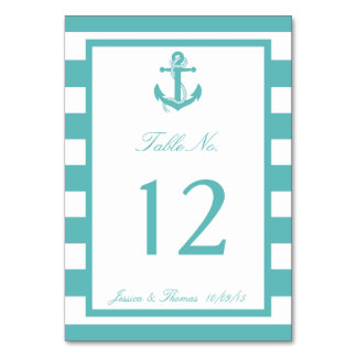 Nautisch Turquoise Stripe Anchor Wedding Number Kaart
