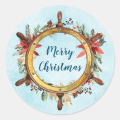 Nautisch vrolijk kerstschip wiel ronde sticker (Voorkant)