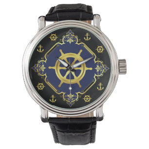 Nautisch wiel/anker/goud/zwart/marine horloge