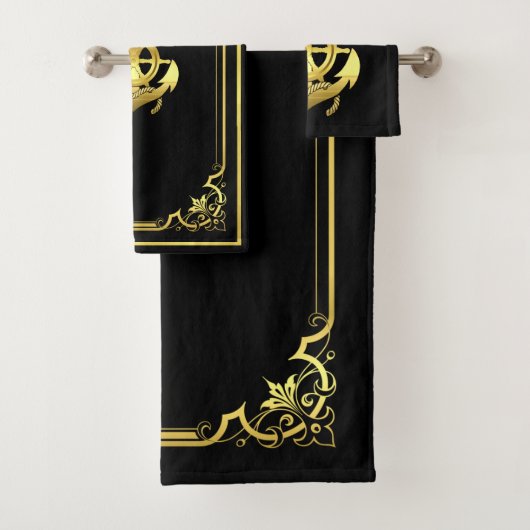 Nautisch wiel/anker zwart/goud bad handdoek (Insitu)