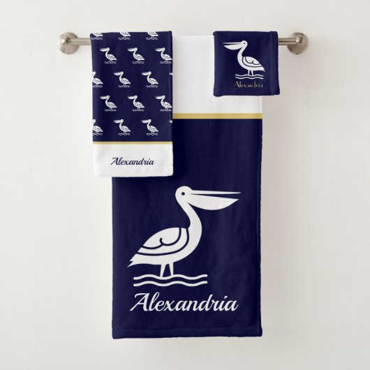 Nautisch wit goud en marineblauw pelicaan bad handdoek (Insitu)
