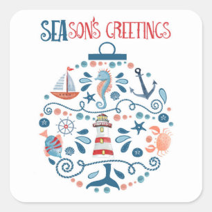 Nautisch Zee Ornament Kust Kerstmis Vierkante Sticker