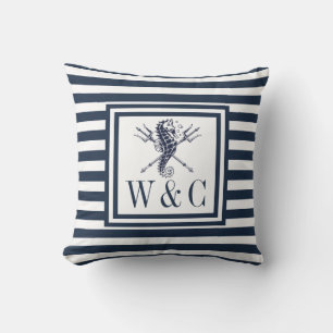 Nautisch Zeepaardje Monogram Navy Blauwe Strepen Kussen