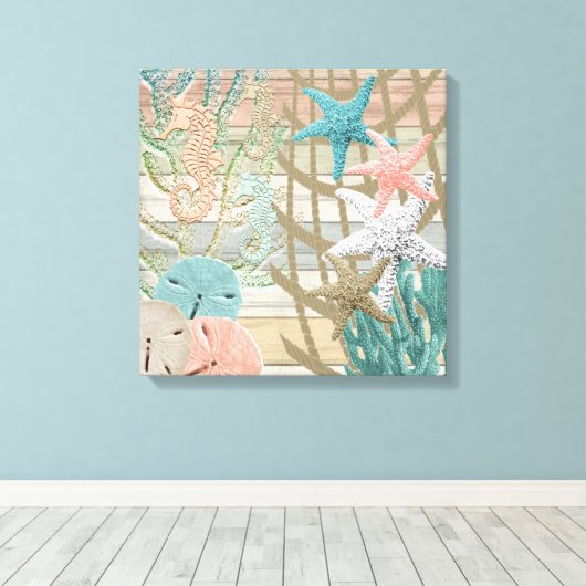 Nautisch zeesoortstrand - Koraal Canvas Afdruk (Insitu (Houten vloer))