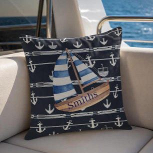 Nautisch zeilboot & anker marineblauw buitenkussen