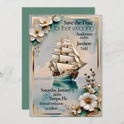 Nautisch zeilschip bruiloft opslaan van de datum save the date (Voorkant / Achterkant)