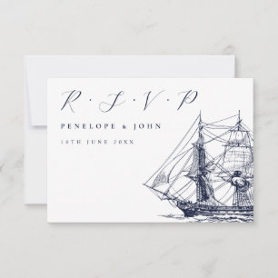 Nautisch Zeilschip Illustratie Script Trouwen RSVP Kaartje
