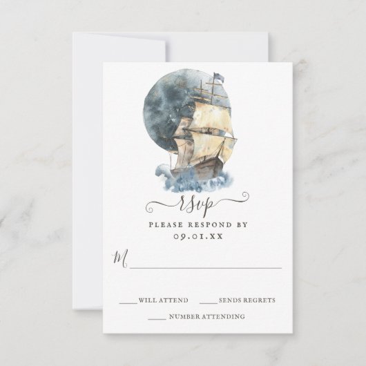Nautisch Zeilschip Strand Bestemming Bruiloft RSVP Kaartje (Voorkant)