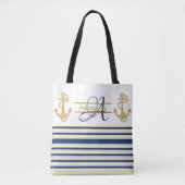 Nautische Anker Blauw Goud MONOGRAM Canvas tassen (Voorkant)