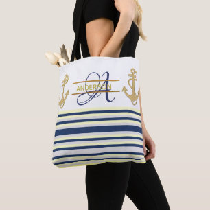 Nautische Anker Blauw Goud MONOGRAM Canvas tassen