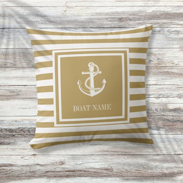Nautische Anker Boot Naam Goud Gestreept Kussen (Nautical Anchor Boat Name Gold Striped Throw Pillow)