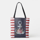 Nautische anker, Floral, marineblauw, rode strepen Draagtas (Achterkant)