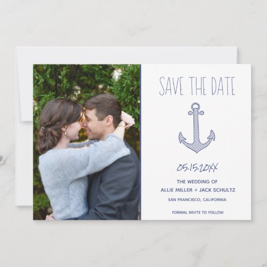 Nautische anker foto strand bruiloft save the date (Voorkant)