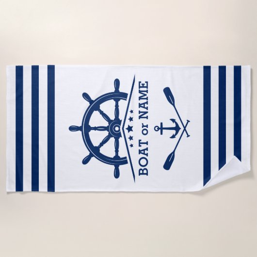 Nautische Anker Oars Helm Jouw naam Navy op Wit Strandlaken (Voorkant)