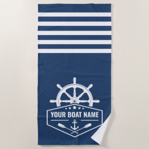 Nautische Anker Riemen Wheel Jouw naam Blauw & Wit Strandlaken