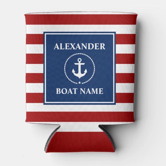 Nautische Anker Touw Gestreepte Boot RWB Jouw naam Blikjeskoeler (Voorkant)