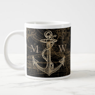Nautische Anker Wereldkaart Monogrammed Zwart Extra Grote Beker