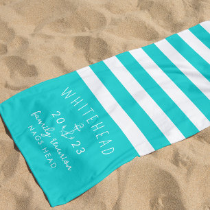 Nautische ankerstreep Aqua Blue Monogram Strandlaken