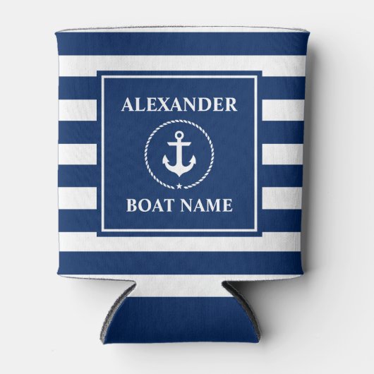 Nautische ankertouw gestreepte Jouw naam Blikjeskoeler (Voorkant)