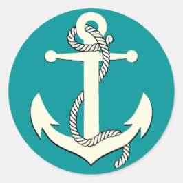 Nautische aqua blauw silhouet anker touw ronde sticker