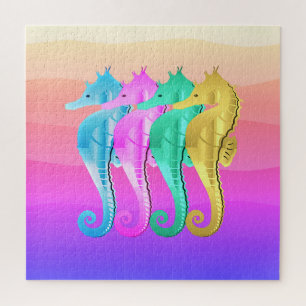 Nautische aqua/roze/blauw/goudzeepaardjes werpen p legpuzzel