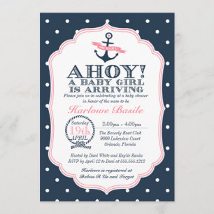 Nautische Baby Meisje Douche Uitnodiging Polkadot