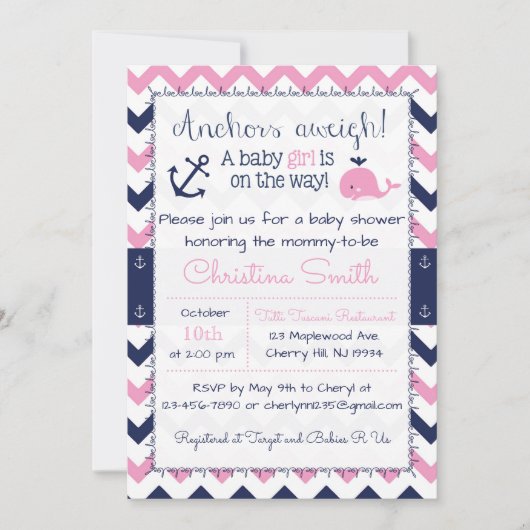 Nautische Baby Shower Uitnodigingen voor een meisj (Voorkant)